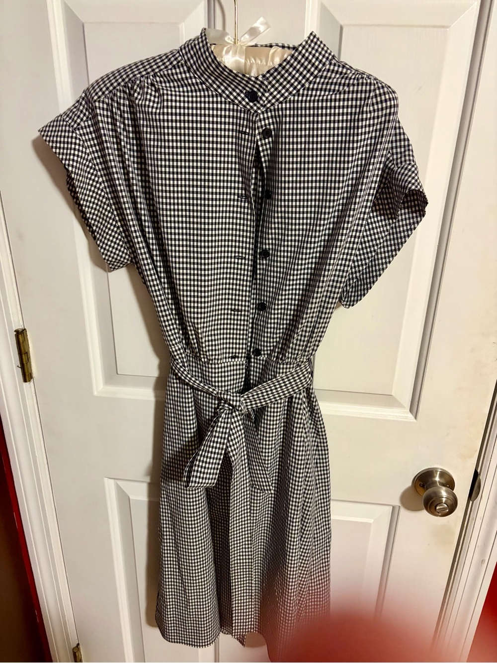 Calvin Klein Black & White Gingham Tie-Waist Midi Dress